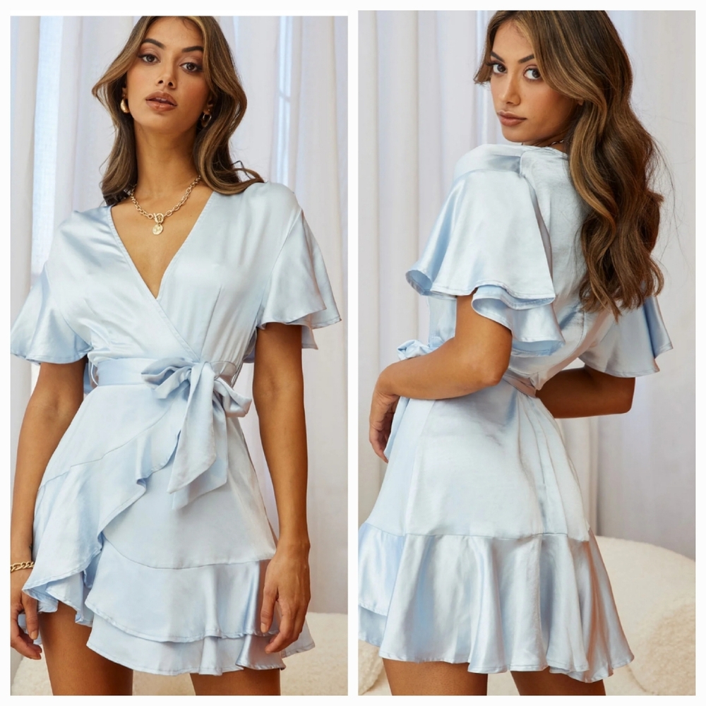 SOLD Selfie Leslie CAMI ANGEL SLEEVE FAUX WRAP DRESS STEEL BLUE - Picture 1 of 16